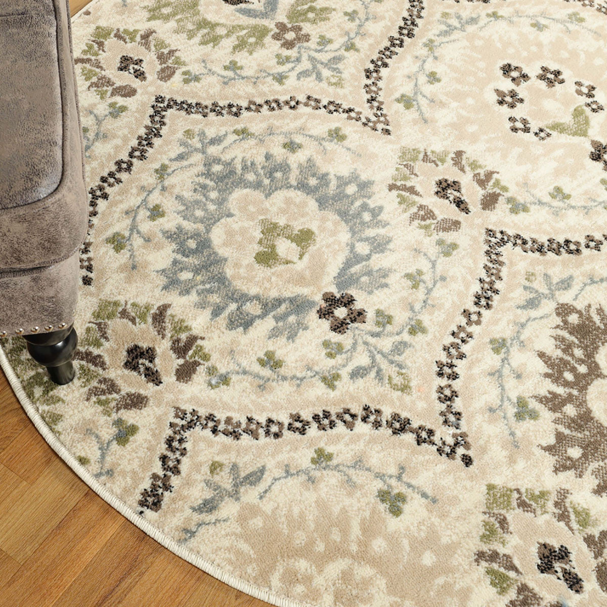 8' Round Ivory Gray And Olive Round Floral Stain Resistant Area Rug