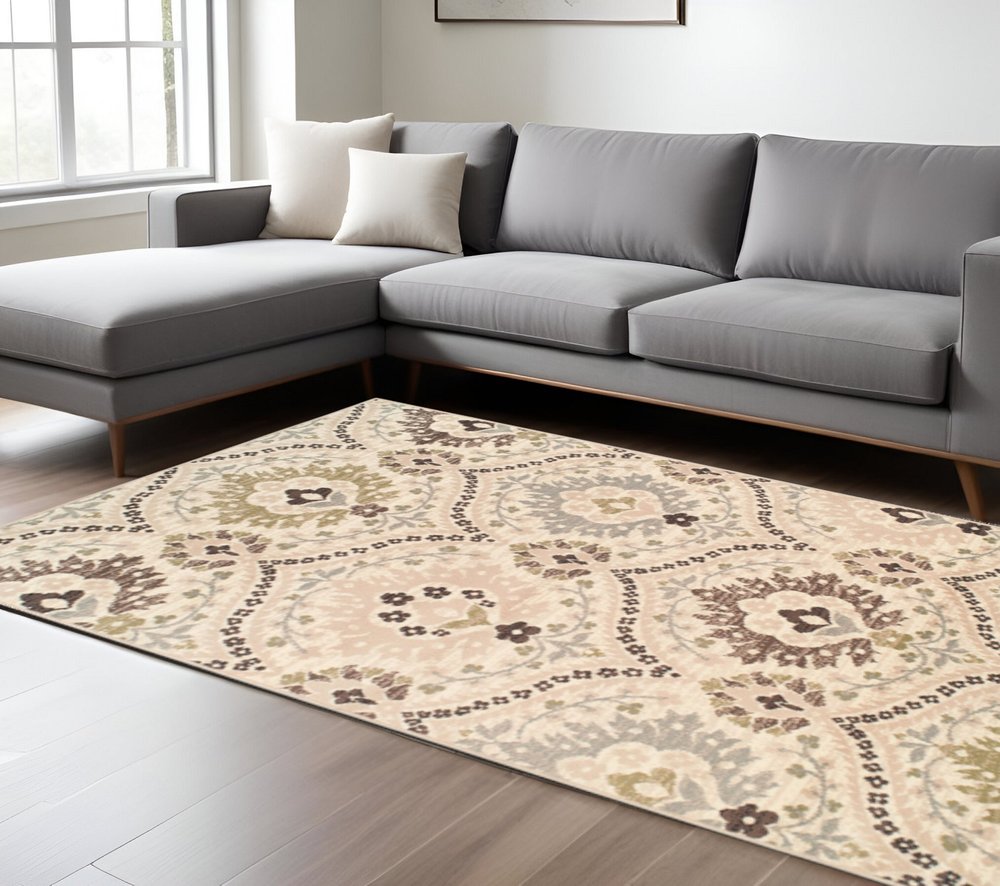 8' X 10' Gray And Ivory Floral Area Rug