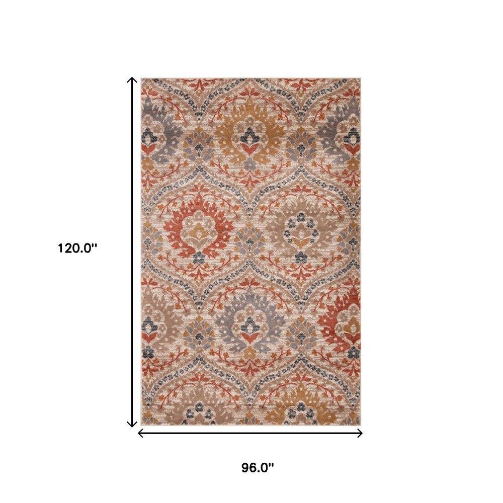 8' X 10' Orange And Ivory Floral Area Rug