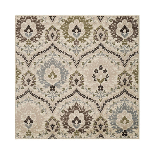 8' Brown Beige And Gray Floral Square Rug