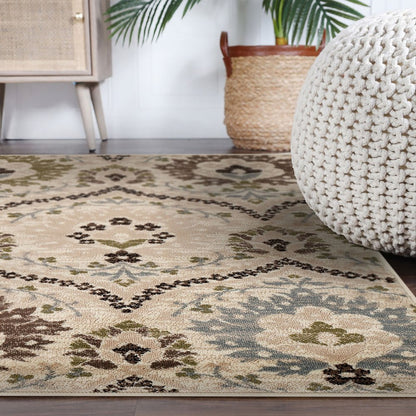 8' Brown Beige And Gray Floral Square Rug