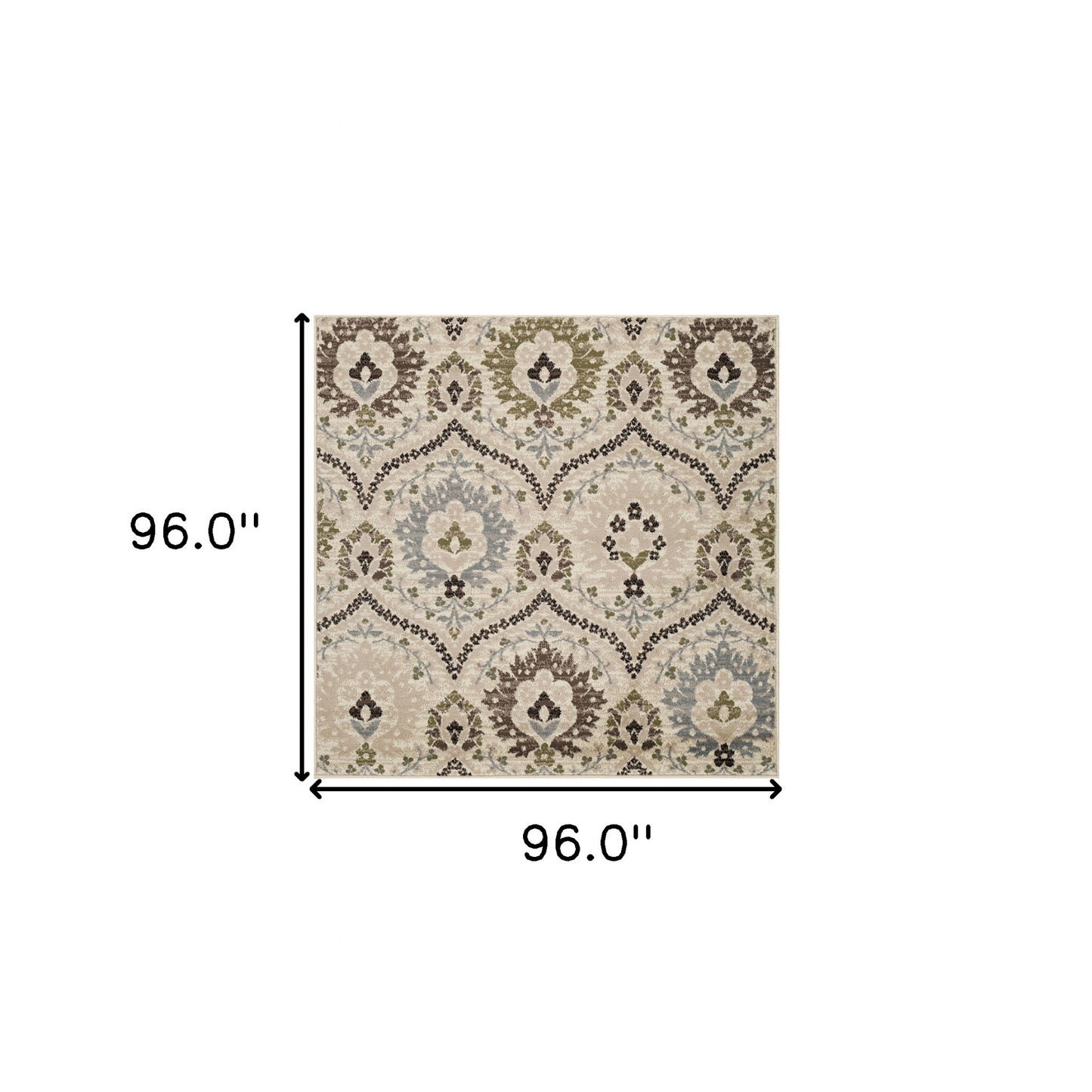 8' Square Ivory Gray And Olive Square Floral Stain Resistant Area Rug