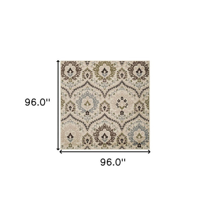 8' Brown Beige And Gray Floral Square Rug
