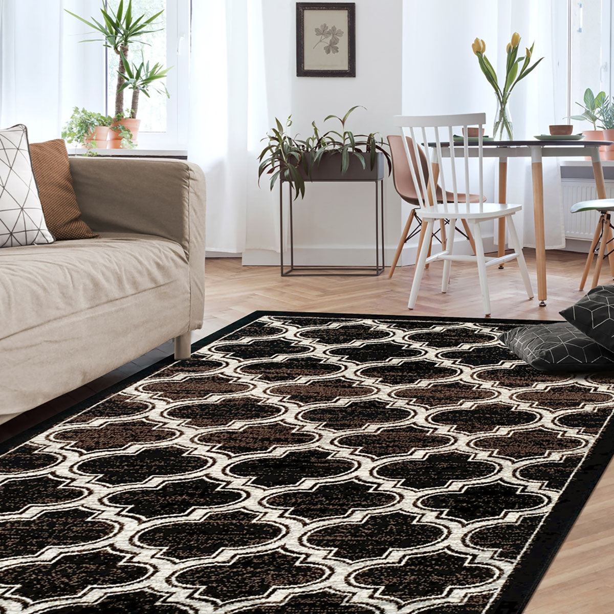 8' X 10' Black Geometric Stain Resistant Area Rug