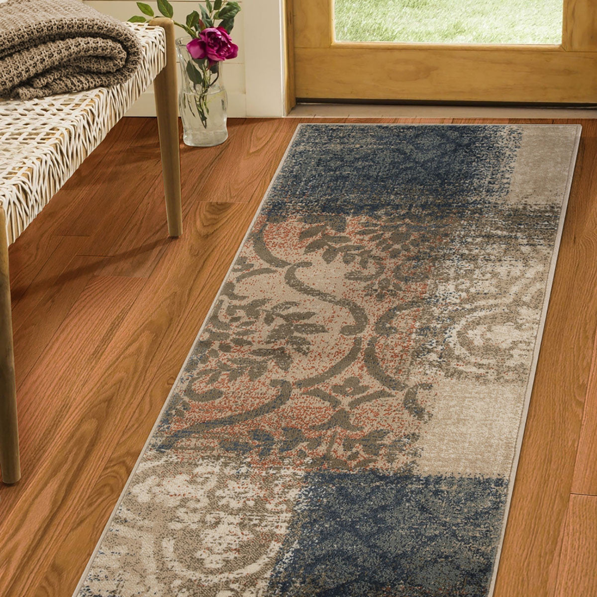 10' Navy And Salmon Damask Distressed Stain Resistant Runner Rug