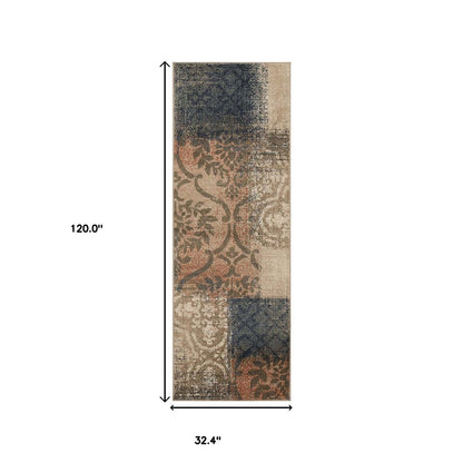10' Blue And Ivory Damask Distressed Runner Rug