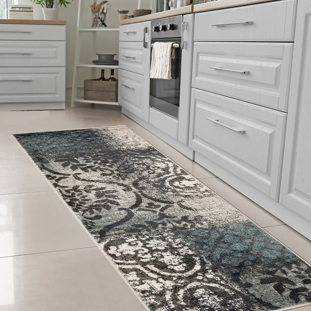 10' Teal and Ivory Damask Distressed Runner Rug