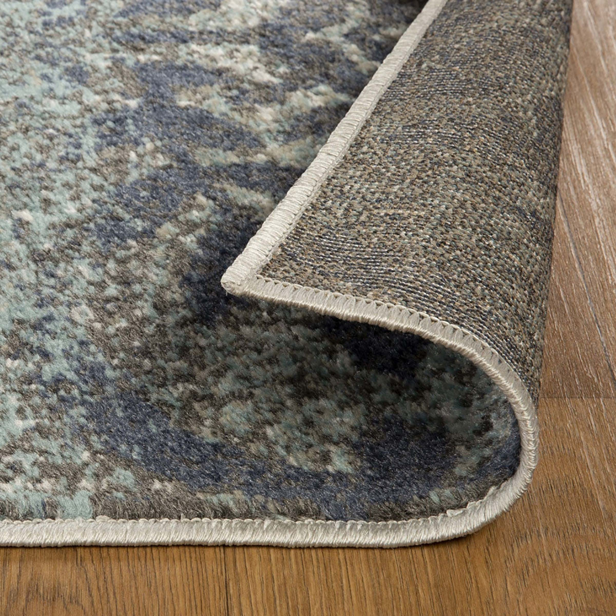 10' Teal And Gray Damask Distressed Stain Resistant Runner Rug