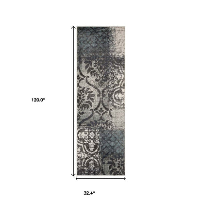 10' Teal And Ivory Damask Distressed Runner Rug