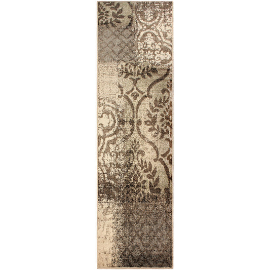 8' Tan And Brown Damask Distressed Stain Resistant Runner Rug