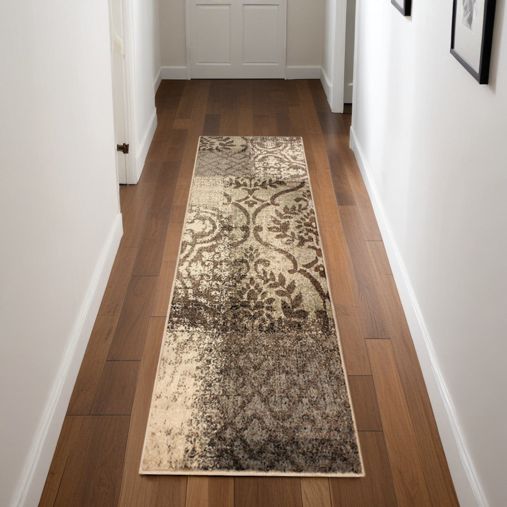 8' Tan and Brown Damask Distressed Runner Rug