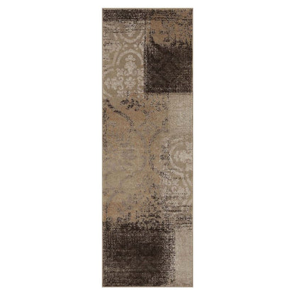 8' Black And Gray Damask Distressed Runner Rug
