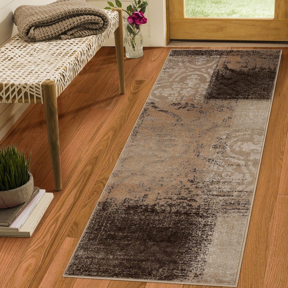8' Black And Gray Damask Distressed Runner Rug