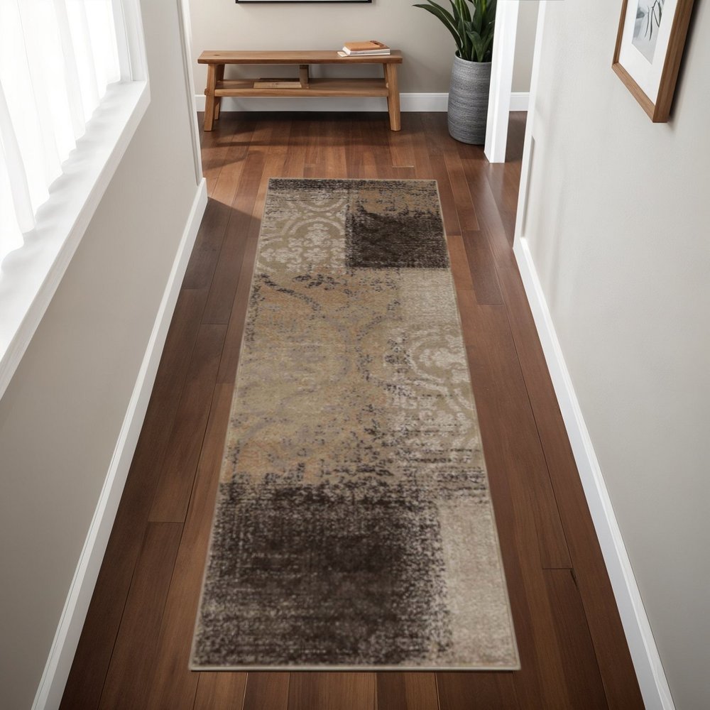 8' Black And Gray Damask Distressed Runner Rug