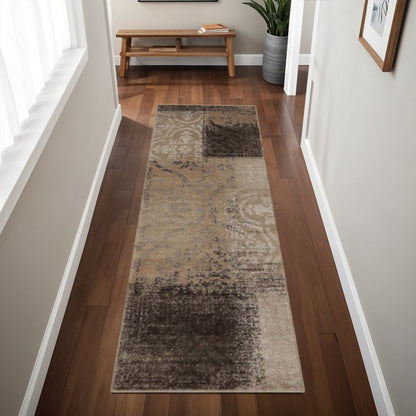 8' Black And Gray Damask Distressed Runner Rug