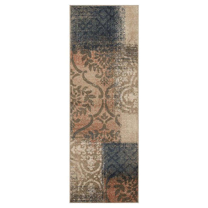 8' Blue And Ivory Damask Distressed Runner Rug