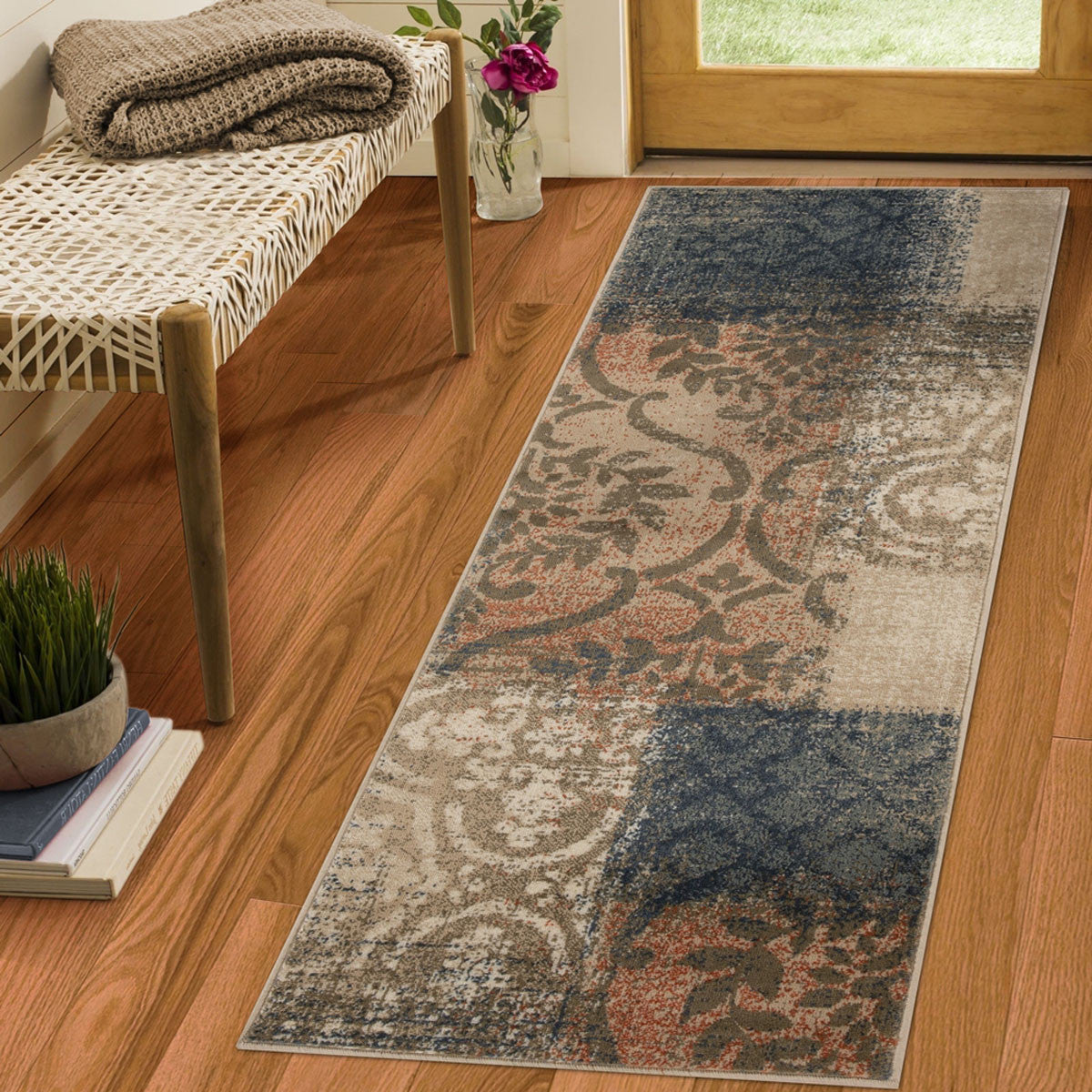 8' Navy And Salmon Damask Distressed Stain Resistant Runner Rug