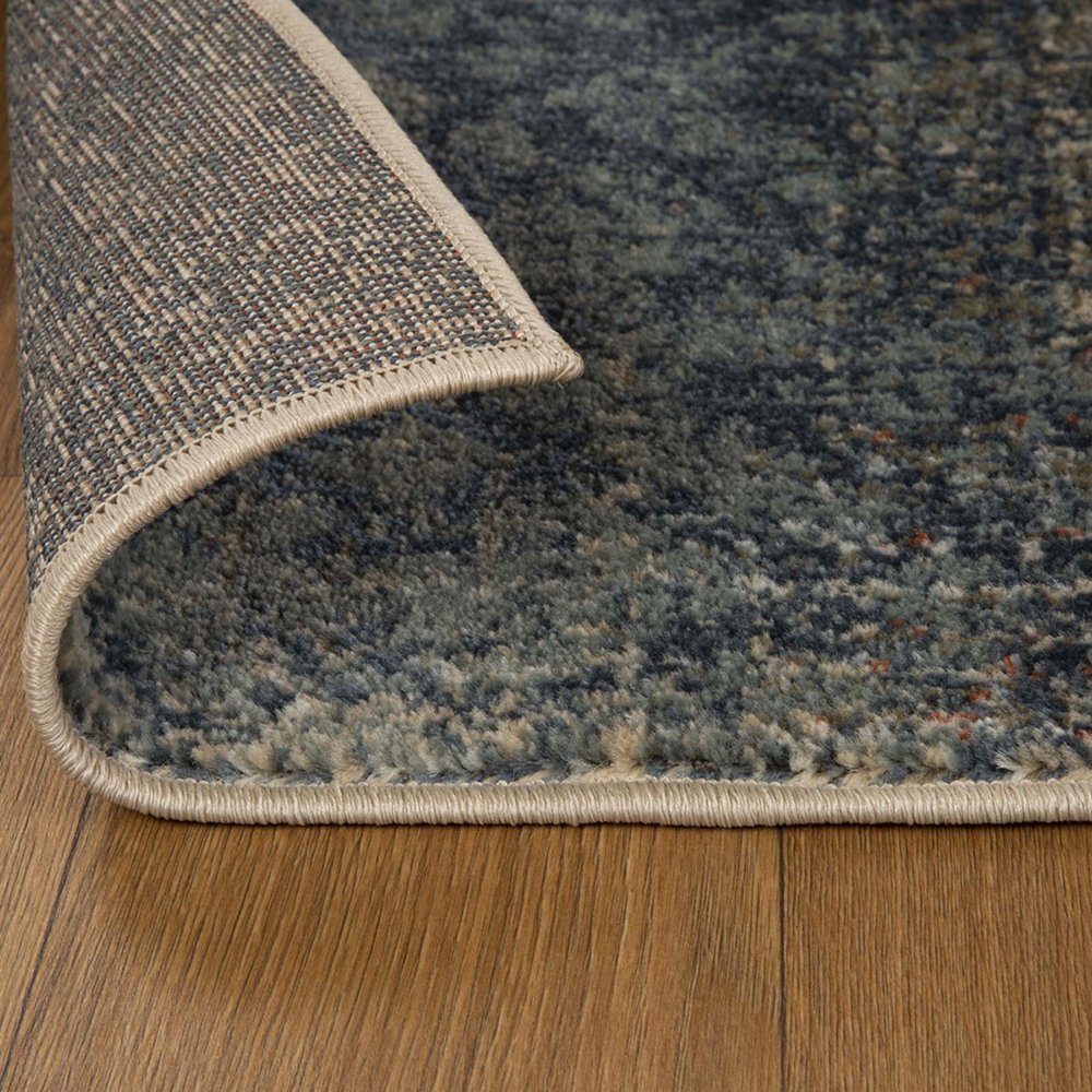 8' Blue And Ivory Damask Distressed Runner Rug