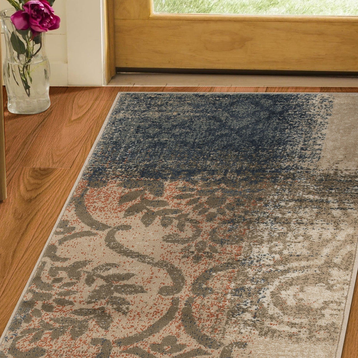 8' Navy And Salmon Damask Distressed Stain Resistant Runner Rug