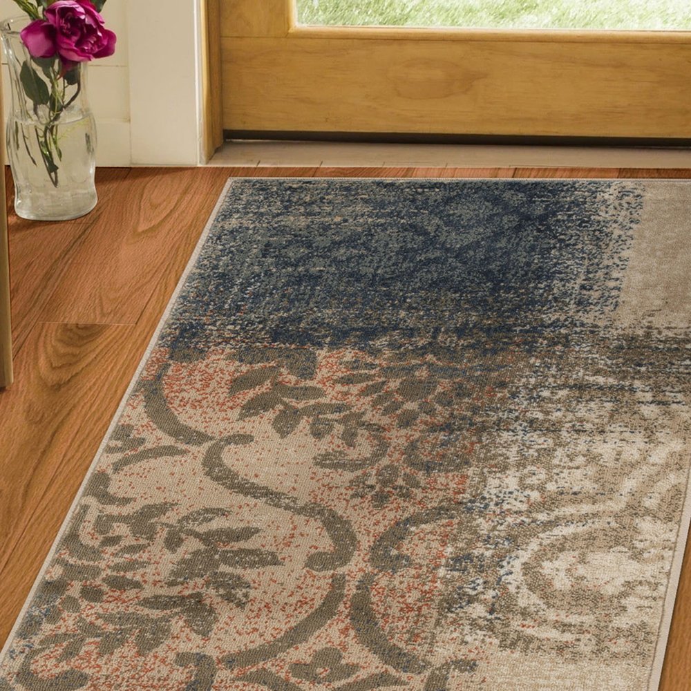 8' Blue And Ivory Damask Distressed Runner Rug
