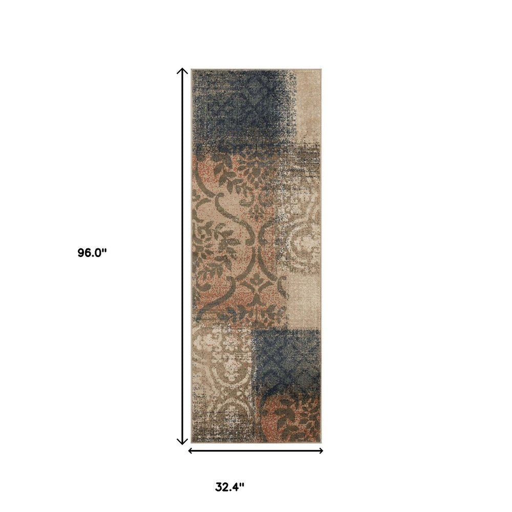 8' Blue And Ivory Damask Distressed Runner Rug
