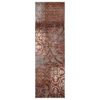 8' Rust And Gray Damask Distressed Runner Rug