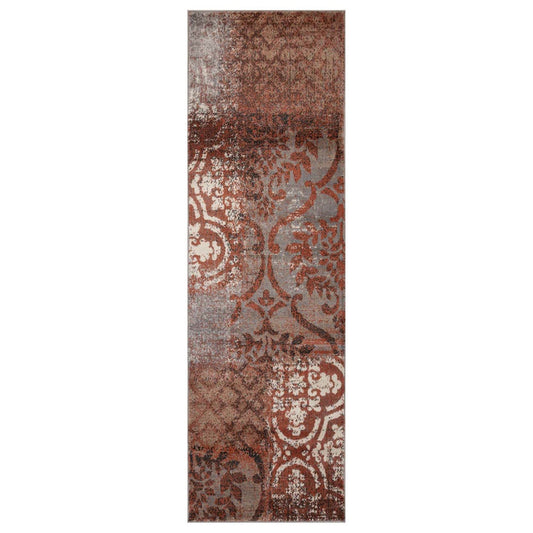 8' Rust And Gray Damask Distressed Stain Resistant Runner Rug