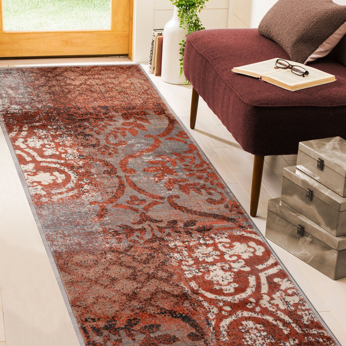 8' Rust And Gray Damask Distressed Stain Resistant Runner Rug