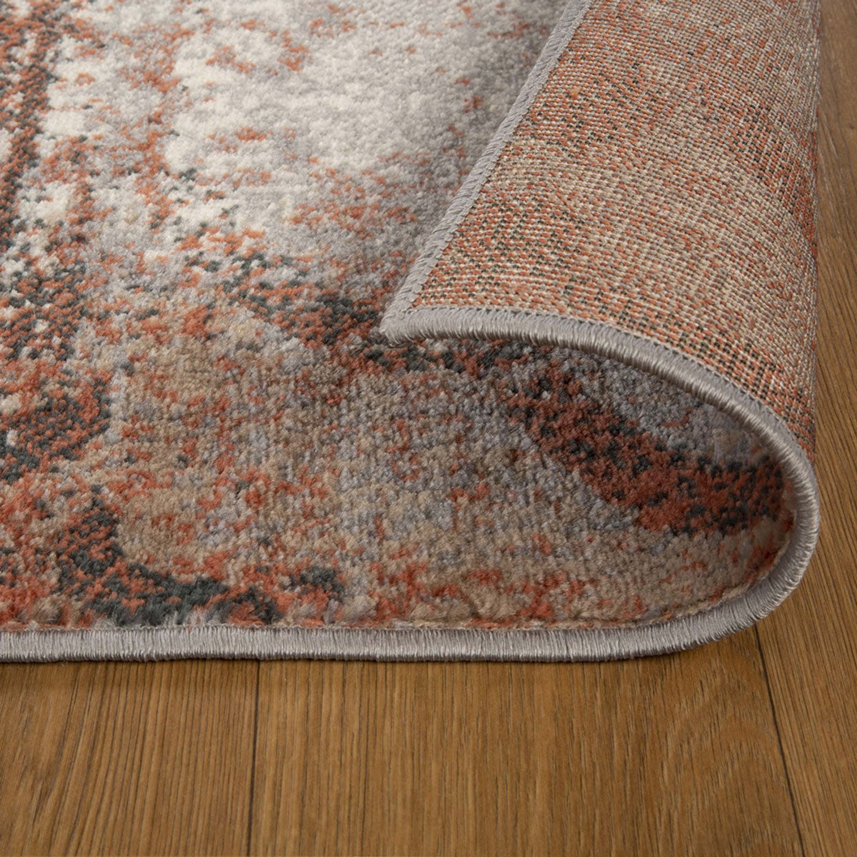 8' Rust And Gray Damask Distressed Stain Resistant Runner Rug