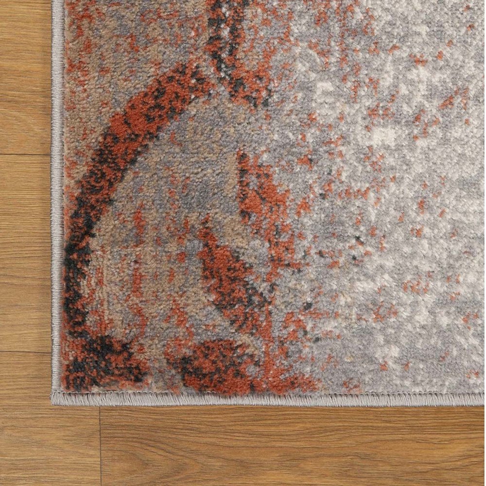 8' Rust And Gray Damask Distressed Runner Rug