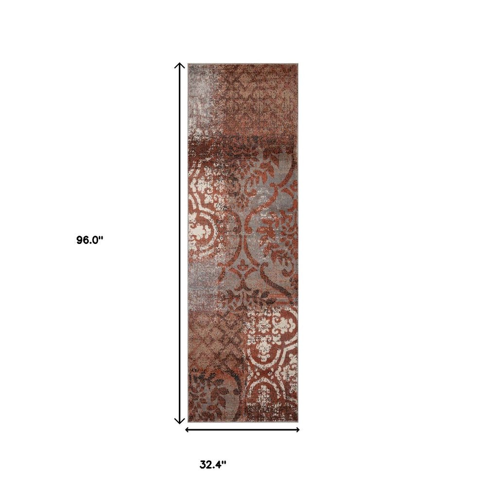 8' Rust And Gray Damask Distressed Runner Rug