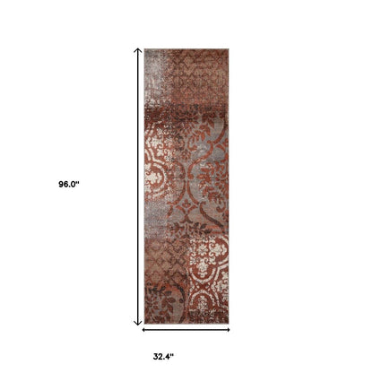 8' Rust And Gray Damask Distressed Runner Rug