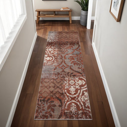 8' Rust And Gray Damask Distressed Runner Rug