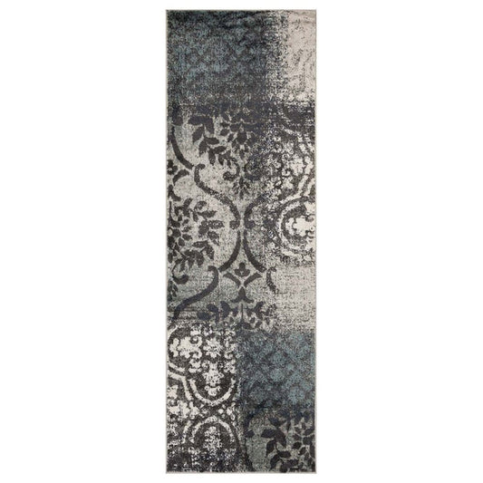 8' Teal And Ivory Damask Distressed Runner Rug