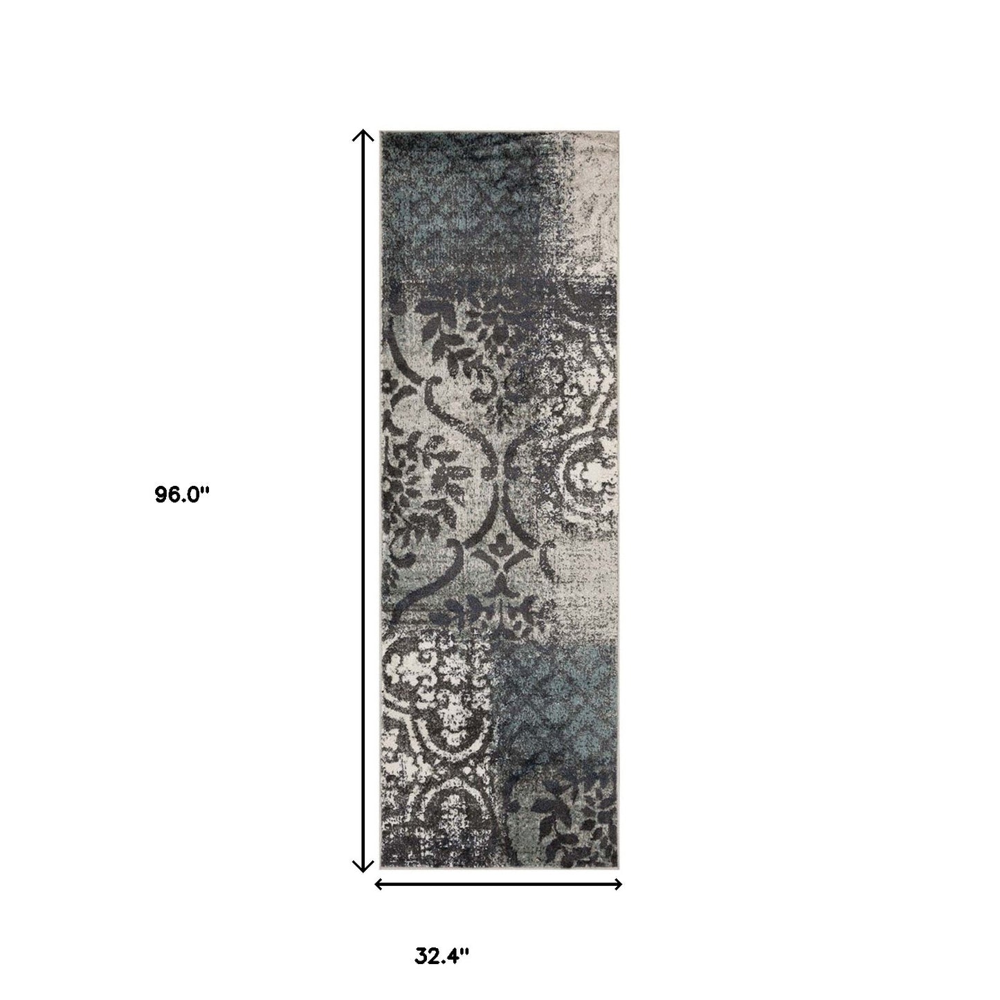 8' Teal And Gray Damask Distressed Stain Resistant Runner Rug