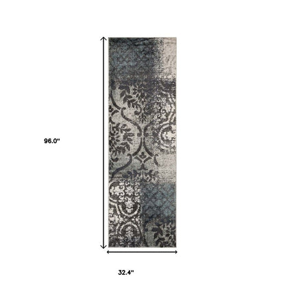 8' Teal And Ivory Damask Distressed Runner Rug