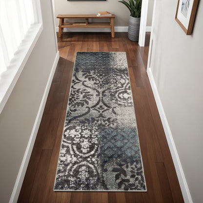 8' Teal And Ivory Damask Distressed Runner Rug