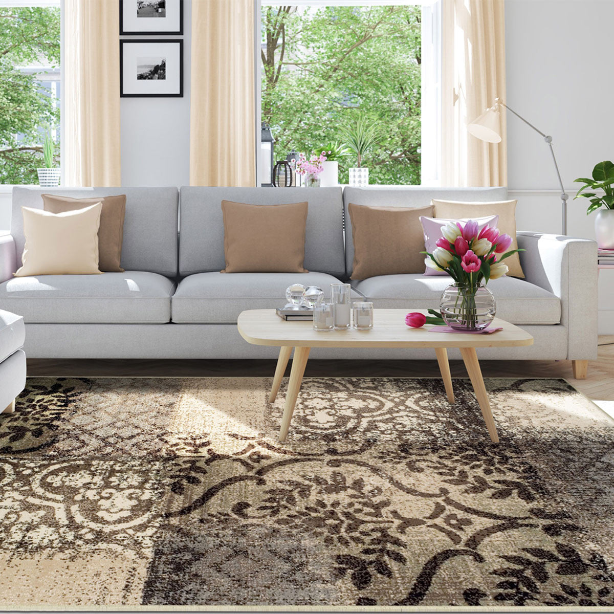 4' X 6' Tan And Brown Damask Distressed Stain Resistant Area Rug