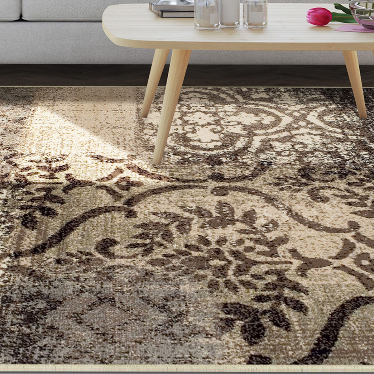 4' X 6' Tan And Brown Damask Distressed Stain Resistant Area Rug