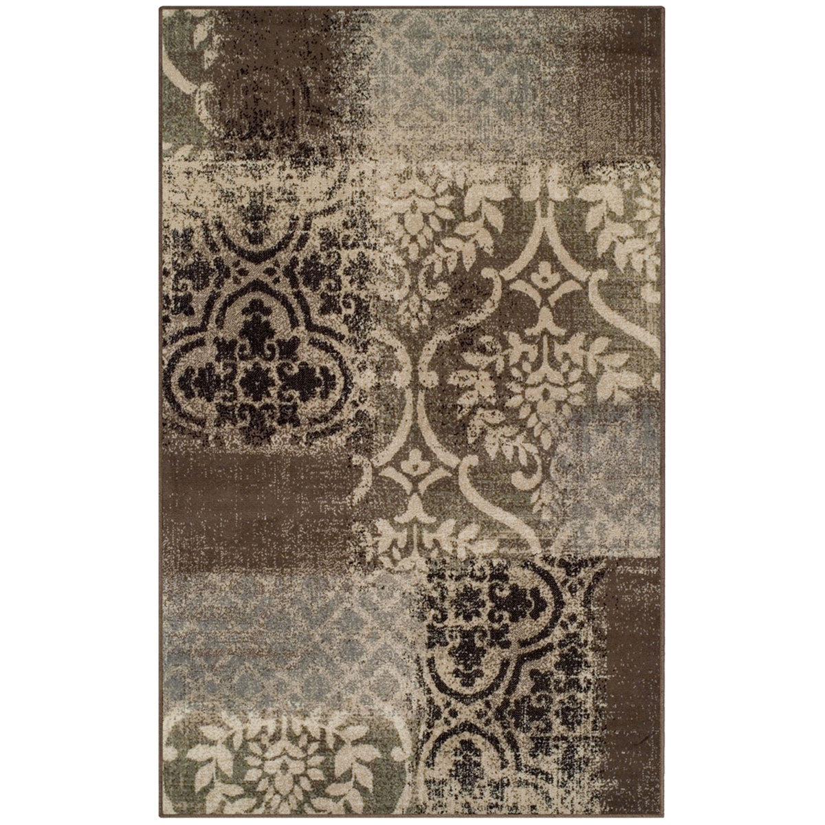 4' X 6' Ivory Light Blue Damask Distressed Stain Resistant Area Rug