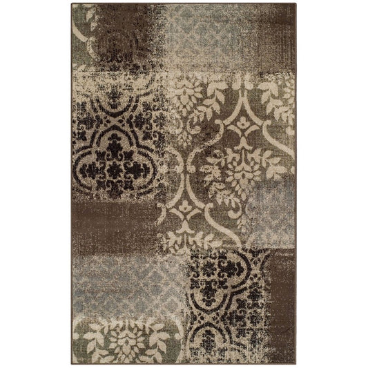 4' X 6' Ivory Brown And Gray Damask Distressed Area Rug