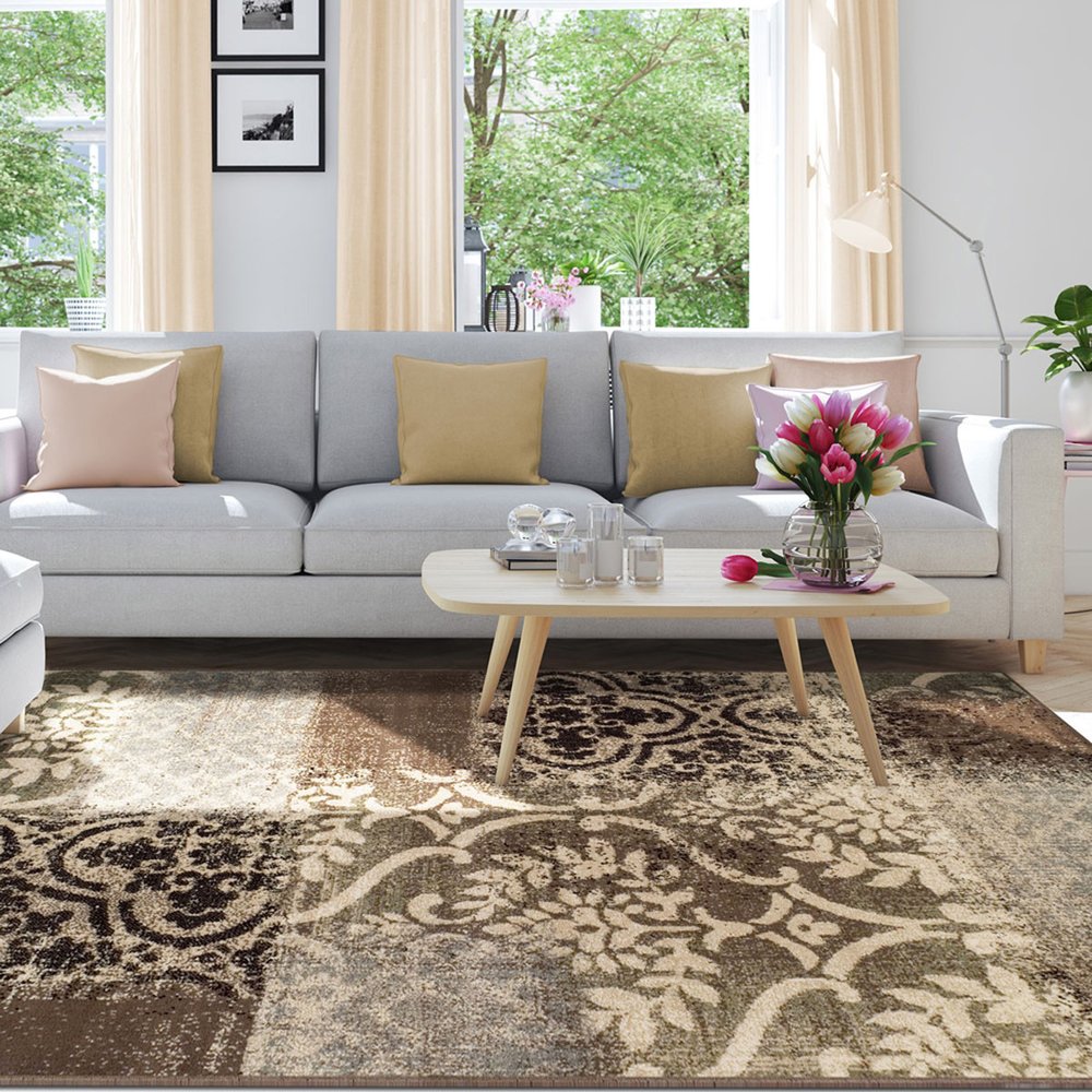4' X 6' Ivory Brown And Gray Damask Distressed Area Rug