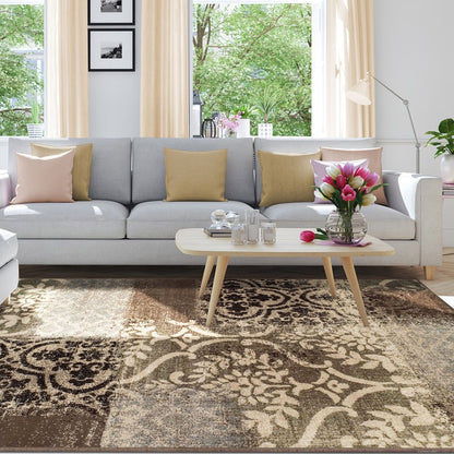 4' X 6' Ivory Brown And Gray Damask Distressed Area Rug