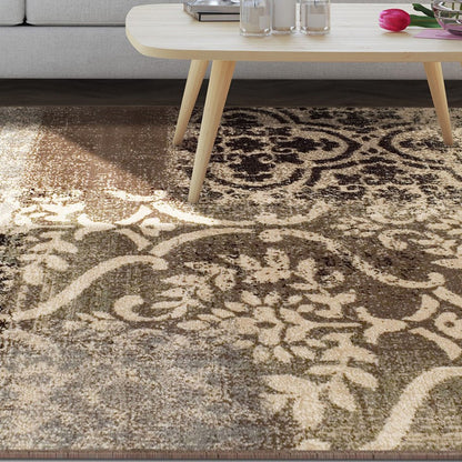 4' X 6' Ivory Brown And Gray Damask Distressed Area Rug