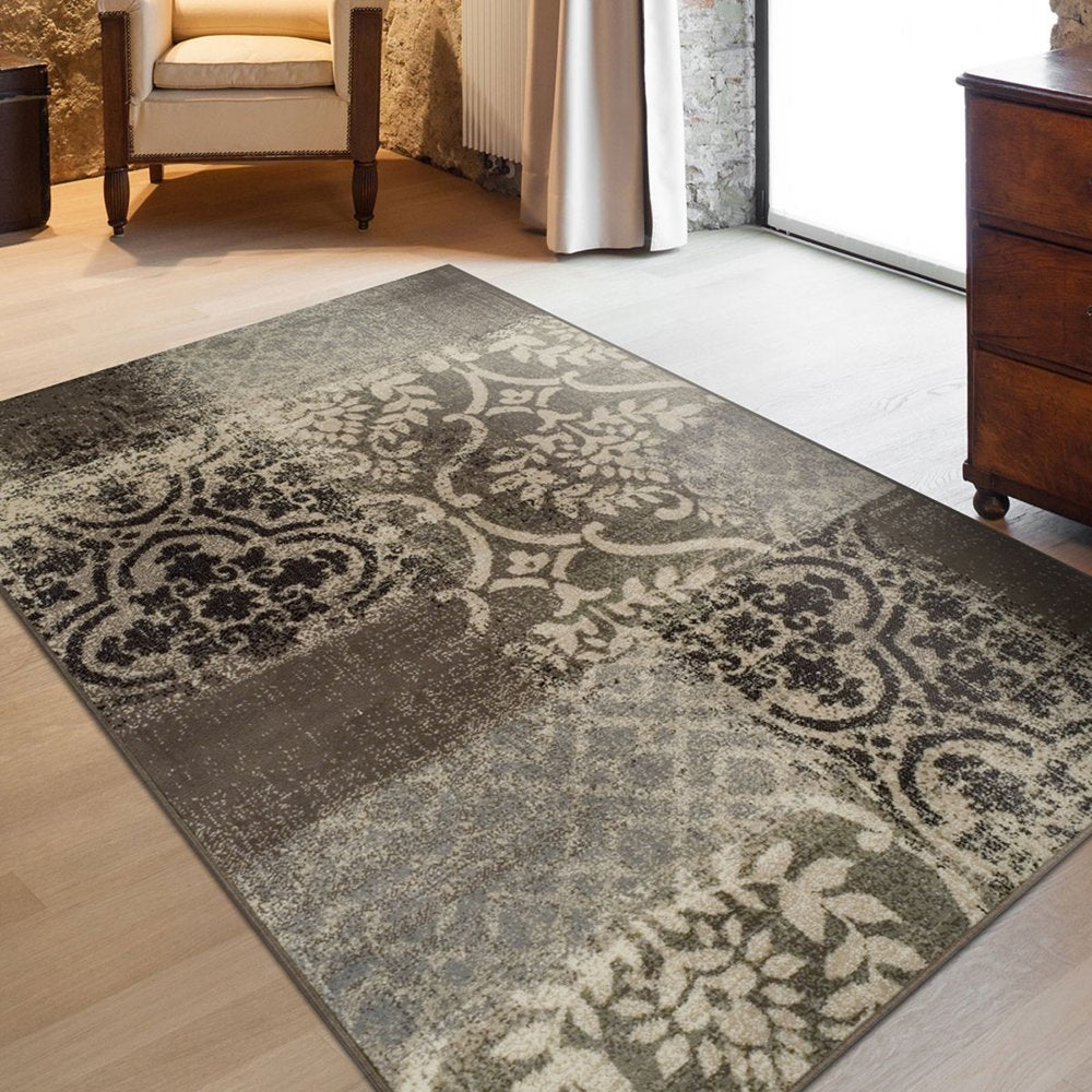 4' X 6' Ivory Brown And Gray Damask Distressed Area Rug