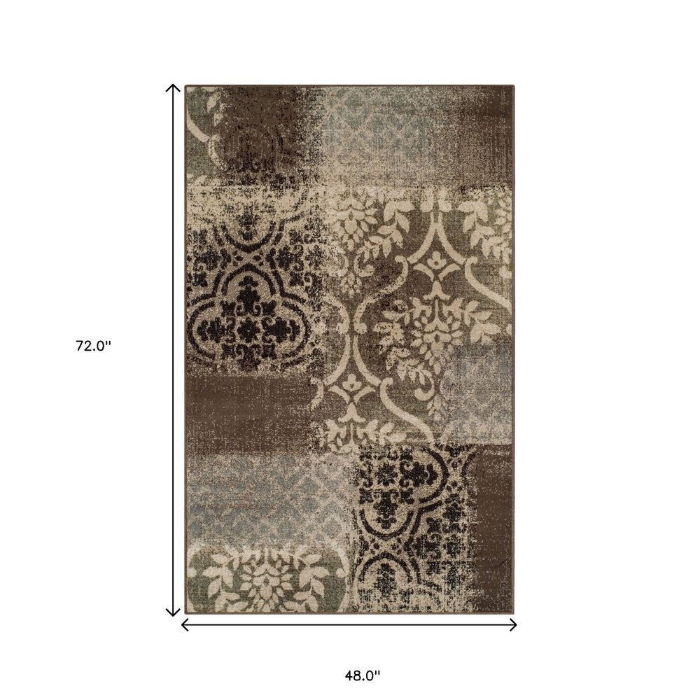 4' X 6' Ivory Brown And Gray Damask Distressed Area Rug