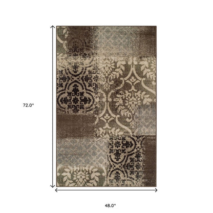 4' X 6' Ivory Brown And Gray Damask Distressed Area Rug