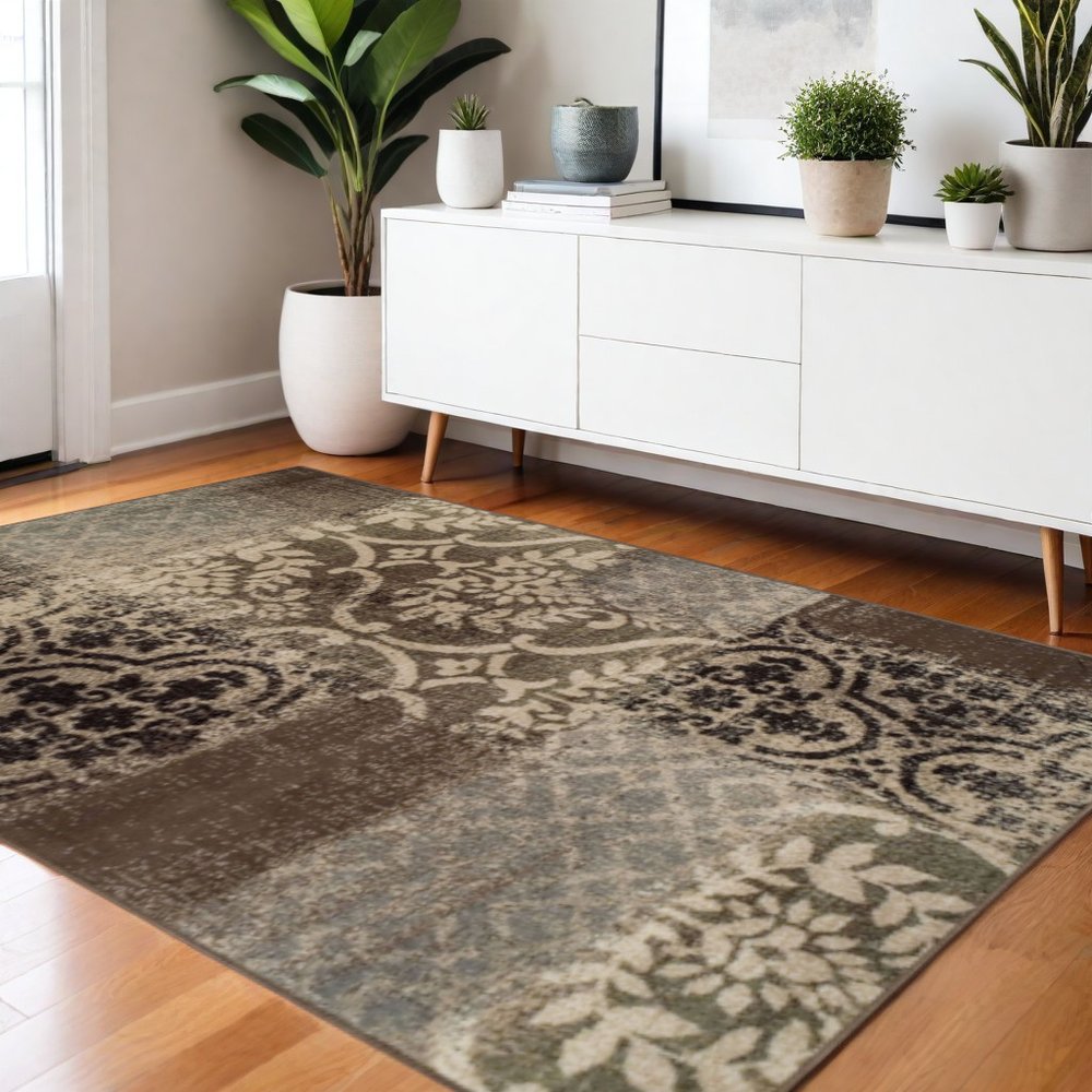 4' X 6' Ivory Brown And Gray Damask Distressed Area Rug