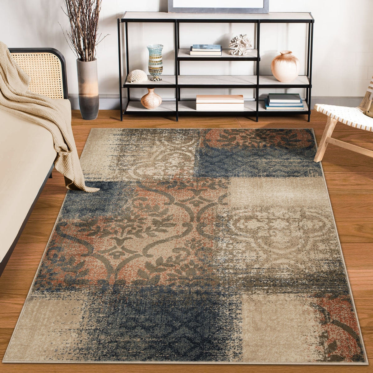 4' X 6' Navy And Salmon Damask Distressed Stain Resistant Area Rug