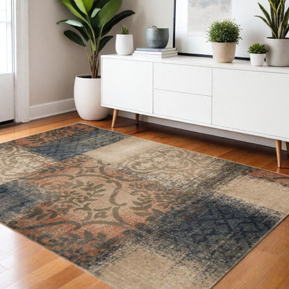 4' X 6' Blue And Ivory Damask Distressed Area Rug